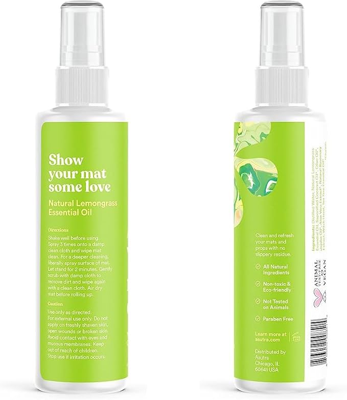 ASUTRA Yoga Mat Cleaner Spray (Mindful Lemongrass), 4 fl oz - No Slippery Residue, Organic Essential Oils Deep-Cleansing for Fitness Gear & Gym Equipment, Microfiber Towel Included - Bloomnest
