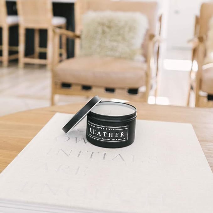 River Birch Leather Scented Candle - Premium, Natural, Non-Toxic, Soy Candles Ideal for Home Decor & Cozy Gifts - Black Matte Tin - 8 oz - Bloomnest