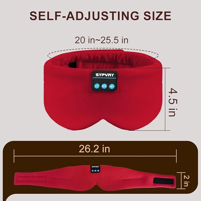 Sleep Mask Bluetooth 5.4 Headphones Soft Wireless Headband Eye Mask Blackout with Microphone (Red) - Bloomnest