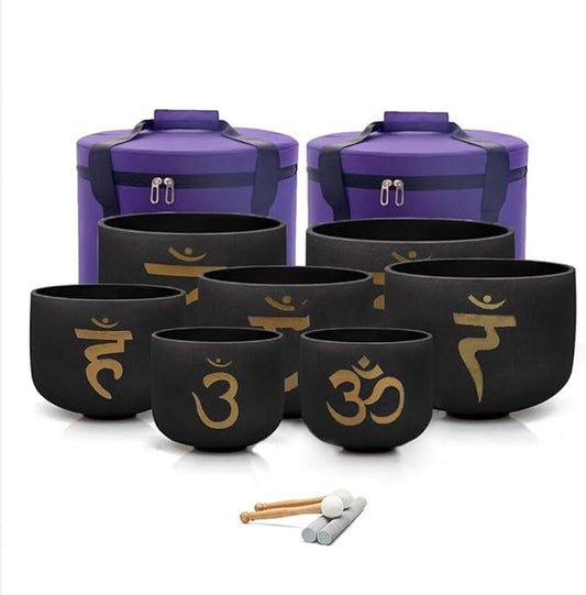 7-12 inch 432HZ Black Gold Chakra Crystal Singing Bowls Set of 7 Meditation Bowl Frosted Healing Quartz Sound Singing Bowls with 2 Travel Carry Case Bag 2 Mallet Suede 2 Strikers 7 O-rings - Bloomnest