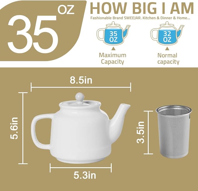 Sweejar 35 oz Porcelain Tea Pot, Teapot with Removable 18/8 Stainless Steel Infuser, Microwave & Dishwasher Safe Tea Maker, Tea Infuser Pots for Blooming loose Leaf Tea,Chrismas Women Gift(White) - Bloomnest