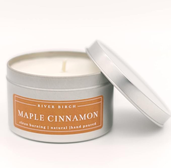 River Birch Candles Maple Cinnamon Scented Candle | Premium, All-Natural, Non-Toxic, Soy Candles | 8 oz. Silver Tin Travel Candle | Cozy Relaxing Gifts for Home - Bloomnest