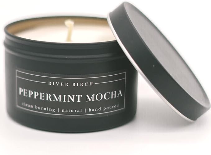River Birch Candles Peppermint Mocha Scented Candle | Premium, All-Natural, Non-Toxic, Soy Candles | 8 oz. Black Matte Tin Travel Candle | Cozy Relaxing Gifts for Home - Bloomnest