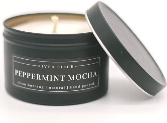 River Birch Candles Peppermint Mocha Scented Candle | Premium, All-Natural, Non-Toxic, Soy Candles | 8 oz. Black Matte Tin Travel Candle | Cozy Relaxing Gifts for Home - Bloomnest