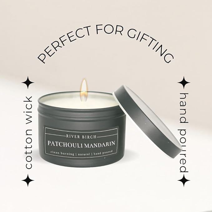 River Birch Candles Patchouli Mandarin Scented Candle | Premium, All-Natural, Non-Toxic, Soy Candles | 8 oz. Black Matte Tin Travel Candle | Cozy Relaxing Gifts for Home - Bloomnest