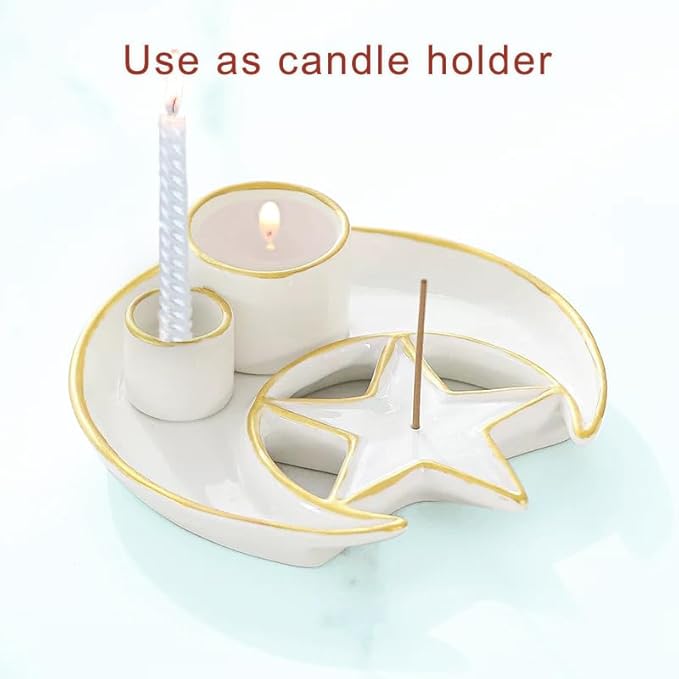 Incense Holder,4 in 1 Palo Santo Holder for Burning Sage and Sticks,5.9" Ceramic Incense Burner,White Candle Holder Ash Catcher Tray for Meditation Home Zen Decor Gift - Bloomnest