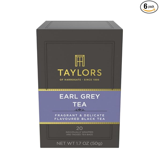 Taylors of Harrogate Earl Grey, Black Tea, Individually Wrapped Bags, 20 Count (Pack of 6), Fragrant, Delicate & Light, Caffeinated, Enjoy Hot or Iced, 120 Teabags - Bloomnest