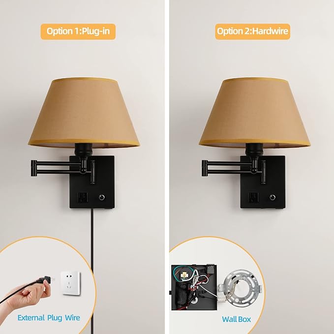Swing Arm Wall Sconces, Plug-in Wall lamp,Bedroom Wall lamp ， White Fabric Shade with dimmable Switch and USB Charging Port,Suitable for Bedside,Living Room,Reading (Black. Gold Shadow) - Bloomnest