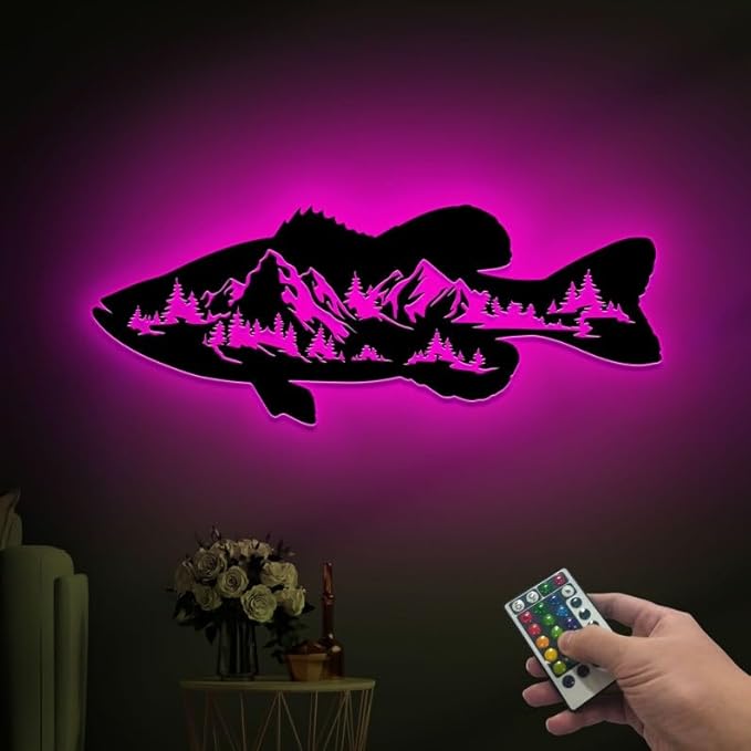 Personalized Neon Sign, Black Bass Mountain Metal Wall Art Led Light, Fishing Gifts for Men, Gift for Dad, Fish and Trees Sign, Cabin Lodge Decor, Fisherman Gift - Bloomnest