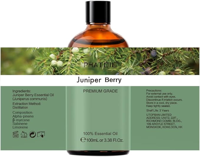 Juniper Berry 3.38fl.oz Essential Oil, PHATOIL Pure Aromatherapy Oils for Diffuser, Humidifier, Perfect for DIY Soap, Candle, Bath Bombs Making(100ml) PHATOIL