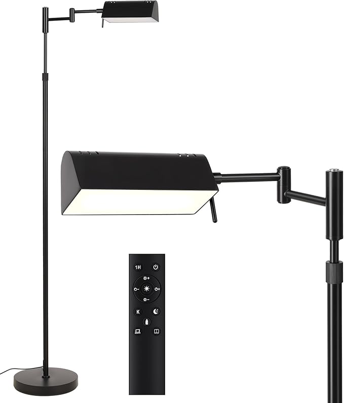 SUNMORY Dimmable LED Pharmacy Floor Lamp, 16W/1500LM Bright Reading Floor Lamp with Remote & Touch Control, 350°Swing Arm, Adjustable Task Craft Standing Lamp for Living Room Bedroom Office, Black - Bloomnest
