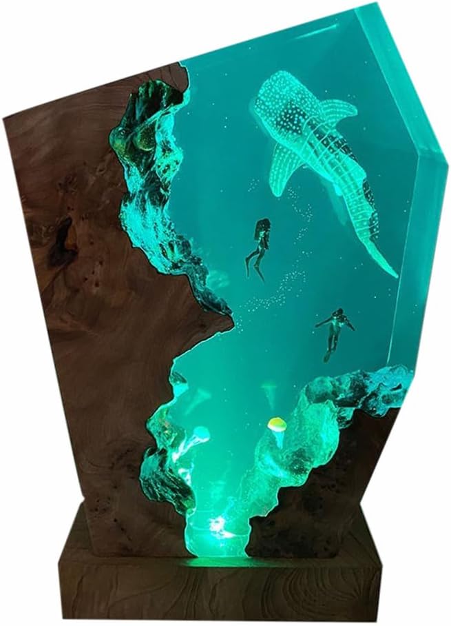 Whale Shark Ocean Resin Lamp, Handmade Wooden Table Resin Night Light, USB Port Art Ornaments for Home Office Decor, Scuba Diver Gifts for Birthday Holiday, Valentine's Day Gifts for Husband