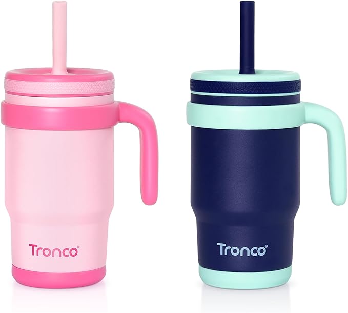 Tronco 14 oz Kids Insulated Tumbler with Handle & Spill Resistant Flexible Straw, BPA-Free Stainless Steel Toddler Cups with Lids, Splash-Proof Kid Drinking Cup Travel Mugs, Hand Wash Only - Bloomnest