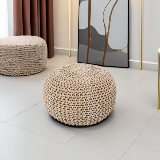 REDEARTH Round Pouf Ottoman - Hand Knitted Cable Boho Poof Home Décor Pouffe Circular Footrest for Living Room - Nursery - Bedroom - Lounge 100% Cotton (18”x18”x14”) - Beige Ivory - Bloomnest