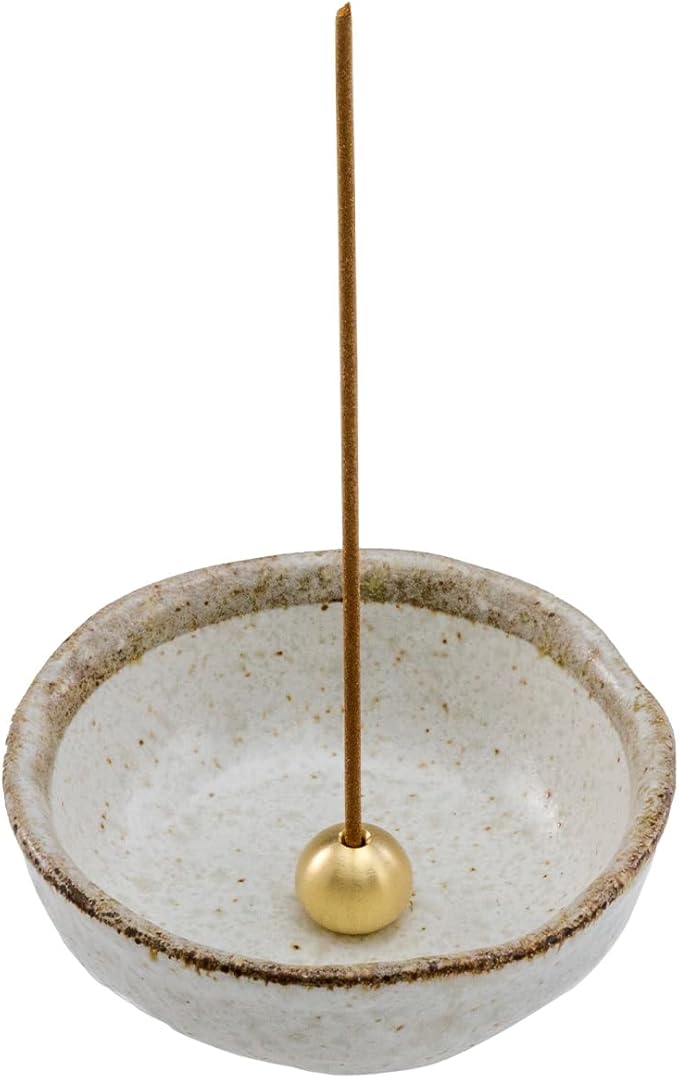 Asayu Japanese Small Mini Incense Holder for Sticks 3.3 inch (83mm), Made in Japan Ceramic Ash Catcher and Brass Incense Burner Set for Yoga, Meditation (Small Pearl Incense Holder) - Bloomnest
