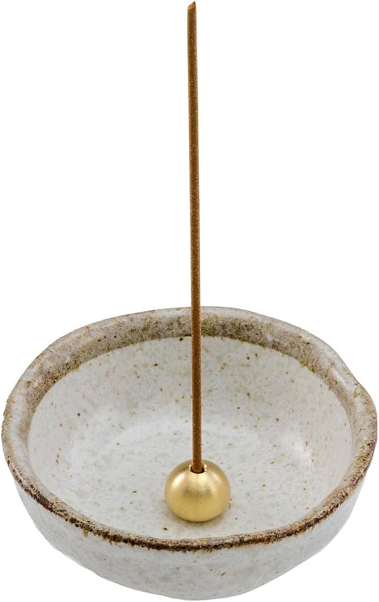 Asayu Japanese Small Mini Incense Holder for Sticks 3.3 inch (83mm), Made in Japan Ceramic Ash Catcher and Brass Incense Burner Set for Yoga, Meditation (Small Pearl Incense Holder) - Bloomnest