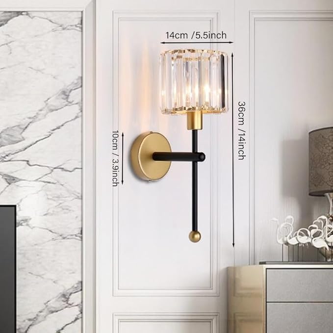 Modern Glass Crystal Wall Sconces Battery Operated Set of 2, Gold Rechargeable Wall Lights with Remote,Non Hardwired Clear Wall Lighting Fixture Black for Bedroom Bathroom Living Room Porch - Bloomnest