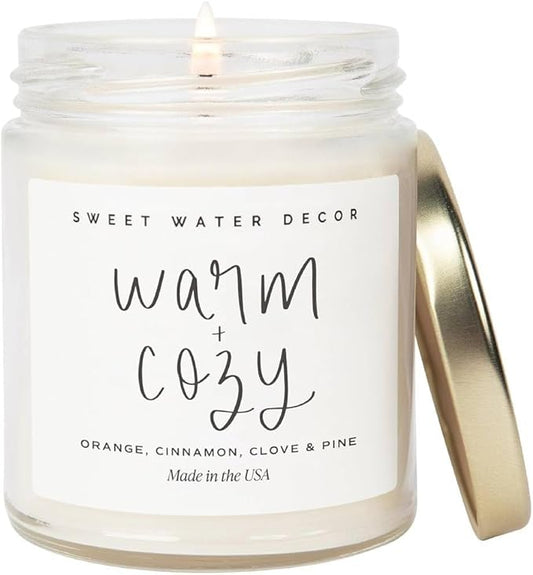 Sweet Water Decor Warm and Cozy Candle - Pine Cinnamon & Fir Winter Scented Soy Candles for Home | 9oz Clear Jar, 40 Hour Burn Time, Made in The USA - Bloomnest
