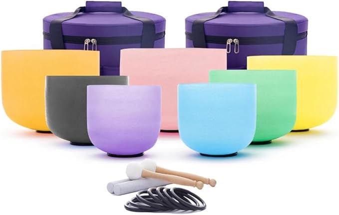 7-12 inch 432HZ Candy Color Crystal Singing Bowls Chakra Set of 7 Meditation Bowl Frosted Healing Quartz Sound Singing Bowls with 2 Travel Carry Case Bag 2 Mallet Suede 2 Strikers 7 O-rings - Bloomnest