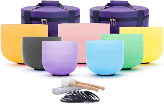 7-12 inch 432HZ Candy Color Crystal Singing Bowls Chakra Set of 7 Meditation Bowl Frosted Healing Quartz Sound Singing Bowls with 2 Travel Carry Case Bag 2 Mallet Suede 2 Strikers 7 O-rings - Bloomnest