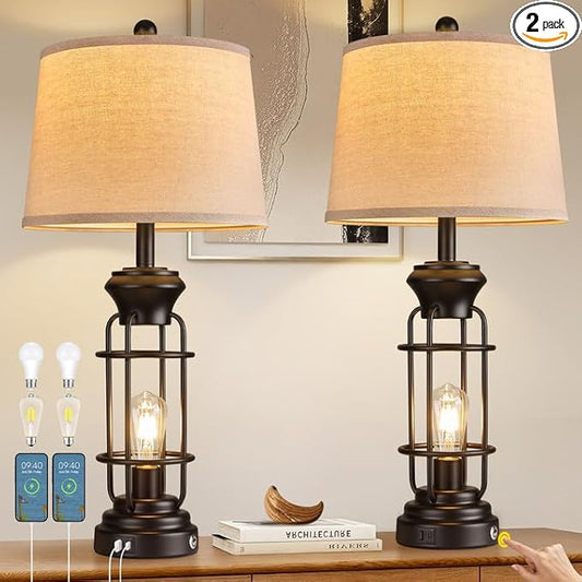 Table Lamp Set of 2 with USB Ports, 28" Tall Farmhouse Table Lamp with 2 Nightlight Bulbs,Touch Control Table Lamps for Bedroom, Rustic Bedside Lamp for End Tables,Bulbs Included,Black - Bloomnest
