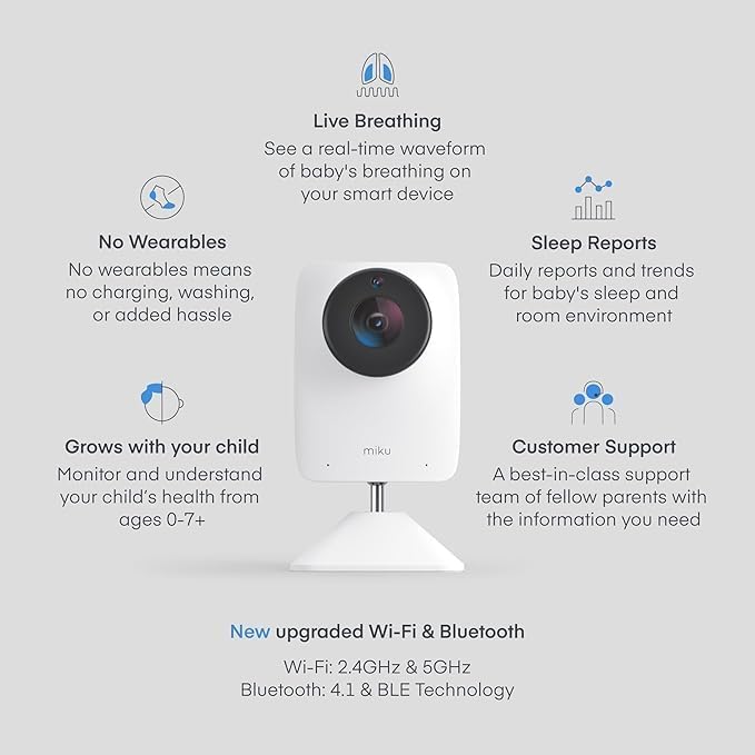 Miku Pro Smart Baby Monitor with Camera, Track Live Breathing with No Wearable, Real-Time Alerts, Sleep Analytics, 1080p Wi-Fi Video, Night Vision, and 2-Way Audio, Wall Mount & Floor Stand Included - Bloomnest