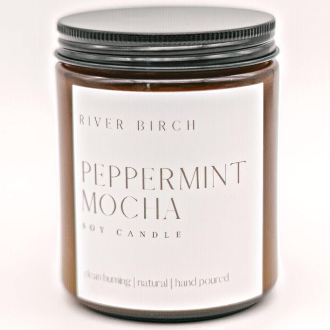 River Birch Candles Peppermint Mocha Scented Candle | Premium, All-Natural, Non-Toxic, Soy Amber Candles | 8.5oz 40 Hr Burn Time | Cozy Relaxing Gifts for Home - Bloomnest