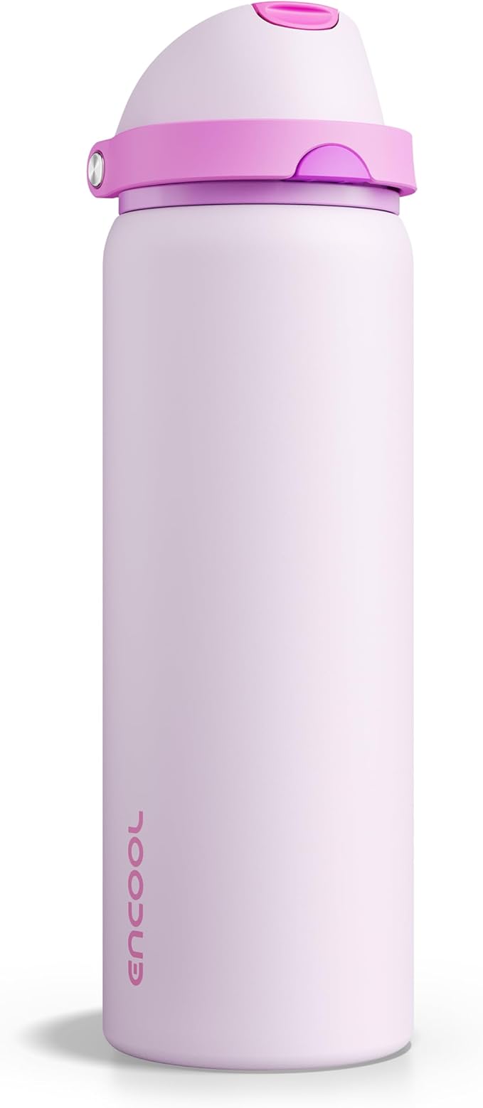Insulated Water Bottle with Straw - Encool Stainless Steel Water Bottle with Push Button Lid, Leak-Proof & BPA-Free, Keeps Cold for 24 Hours for Sports, Travel, Gym (32 oz, Thistle-Fuchsia) ENCOOL