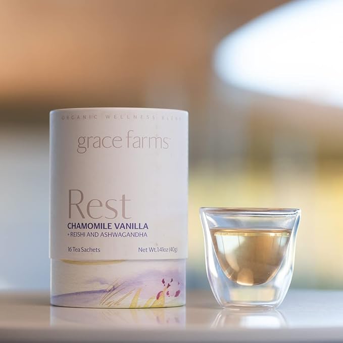 Grace Farms REST Wellness Organic Tea Blend (16 Pyramid Sachets) | Sleep and Stress Support For Evening | Chamomile Vanilla Tea with Adaptogenic Herbs and Mushrooms | Fairtrade and Kosher - Bloomnest