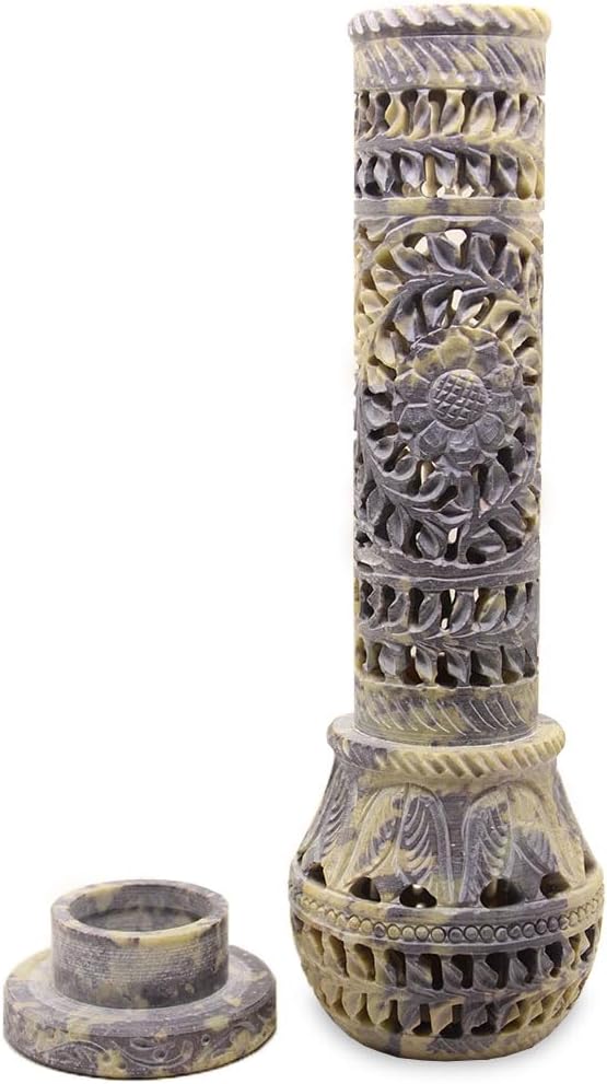 Handmade Carving Round Soapstone Incense Stick Tower Holder | Marble Incense Stick Tower Burner Holder Spa Aromatherapy Home Office Fragrance Accessories Home Office Decor - (11 X 3 Inches) - Bloomnest