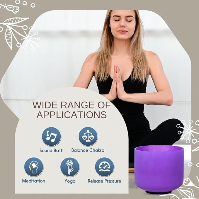 10 inch Purple B Note Crown Chakra Quartz Crystal Singing Bowl, for Healing Mindfulness Meditation Yoga Sound Baths, with Rubber Mallet O-ring - Bloomnest