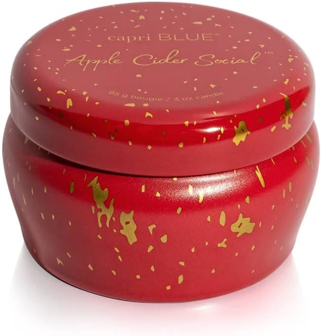 Capri Blue Glimmer Mini Tin - Apple Scented Candle with Mini Candle Holder - Soy Wax Blend - Capri Blue Apple Cider Social Red and Gold (3 oz) - Bloomnest