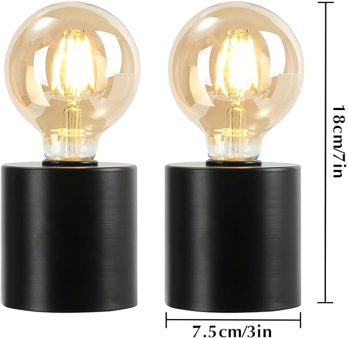 JHY DESIGN Set of 2 Black Table Lamp Battery Powered 7" Tall Cordless Lamp Light with Edison Style Bulb Battery Operated Great for Living Room Bedroom Weddings Parties Indoors Outdoors