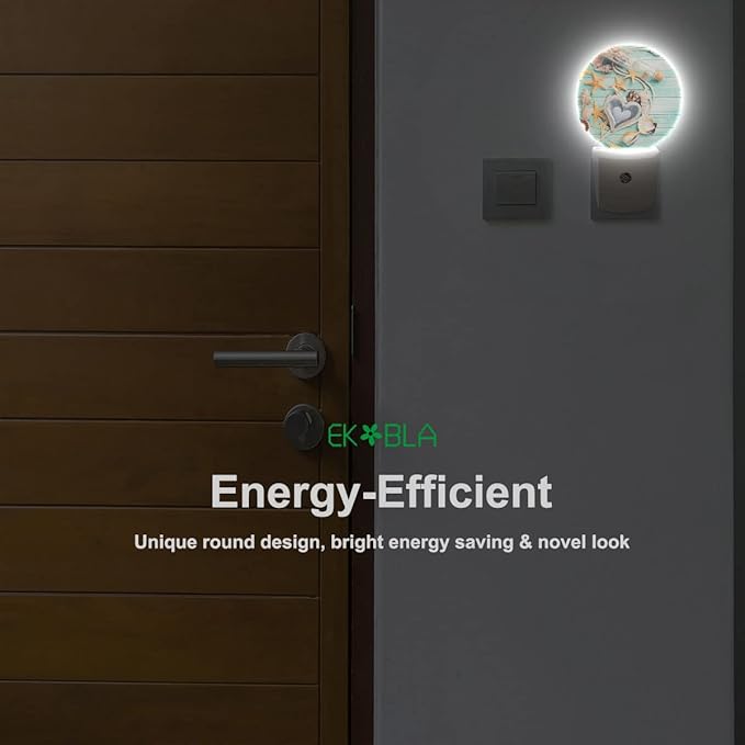 EKOBLA Beach Night Lights Plug into Wall Seashell Starfish on Wooden Board Coastal Led Dusk to Dawn Plug-in Nightlights Auto Sensor for Home Indoor Bathroom Hallway Kitchen - Bloomnest