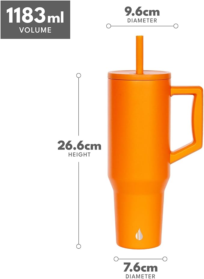 Elemental 40 oz Tumbler with Handle and Straw - Spill Proof Insulated Stainless Steel Commuter for Hot and Cold Beverages - Travel Coffee Mug with 2 Straws & Spill Proof Lid - 40oz - Orange - Bloomnest
