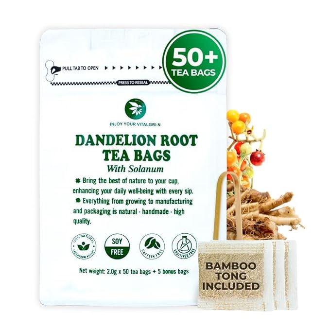 Natural Dandelion Root Tea with Solanum Trilobatum - 55 Count (+5 Tea Bags) - 5.15 oz, Bamboo Tong, Re-Steep Pure Herbal Tea Detox Blend for Strength Balance, Energy Support - Bloomnest