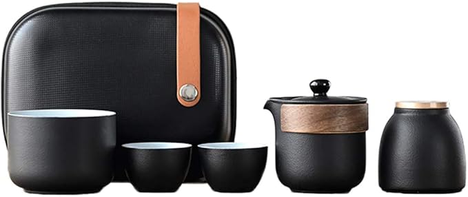 Chinese Tea Set, Ceramic Tea Cup Set, Wood Handle Tea Pot, Black Glaze, with Tea Caddy and Portable Bag