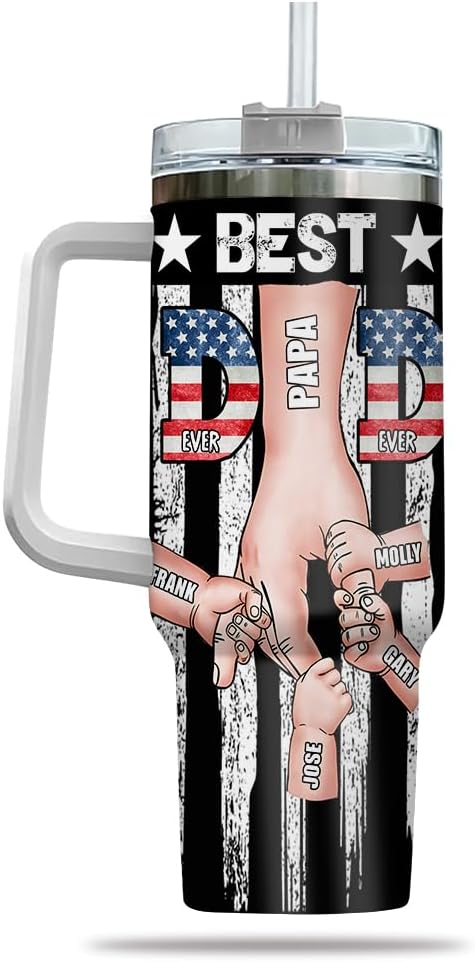 Personalized Best Dad Tumbler with Handle and Straw, Custom Names and USA Flag Design, Gift for Papa or Father from Kids, Father’s Day Mug Cup - Bloomnest