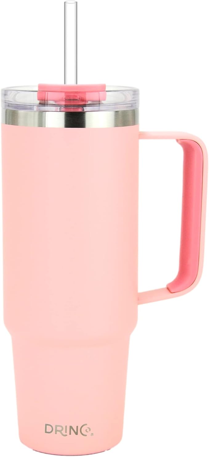 Drinco 40oz 30 oz Tumbler with Handle, Straw Lid, Insulated Stainless Steel Travel Mug Water Bottle Ice Coffee Cup For Cold and Hot, BigSur (30oz Peach)