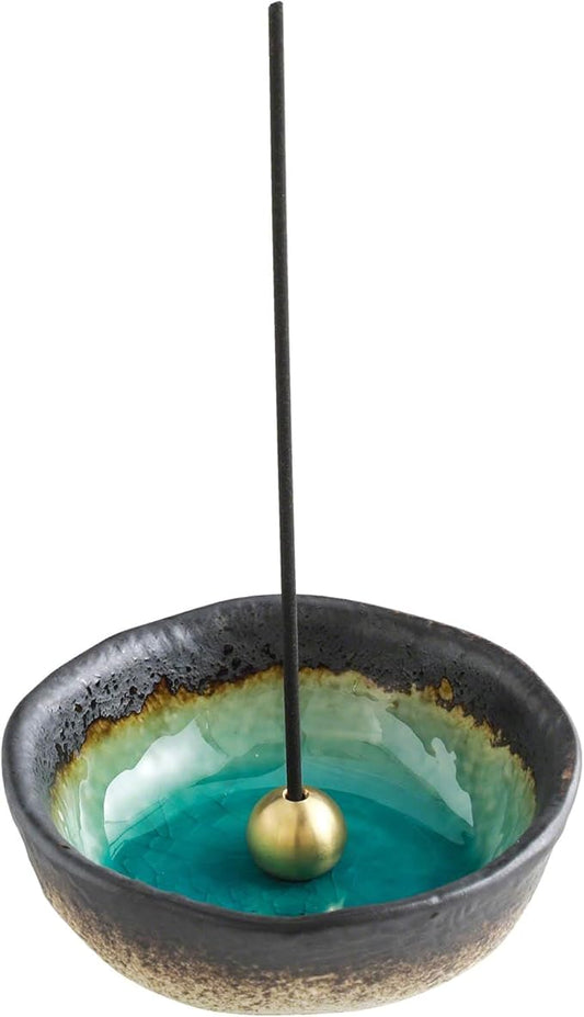 Asayu Japan Small Mini Incense Holder for Sticks, Nature Aquamarine Color, 3.3 inch (83mm), Made in Japan Ceramic Ash Catcher & Brass Incense Burner Set for Relaxation, Meditation, Office & Home Decor - Bloomnest