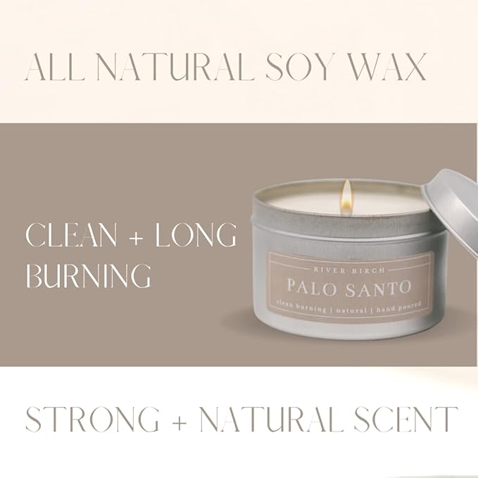 River Birch Premium, All-Natural, Non-Toxic Soy Candles | Palo Santo Scented | 8 oz. Silver Tin Travel Candle | Cozy Relaxing Gifts for Home - Bloomnest