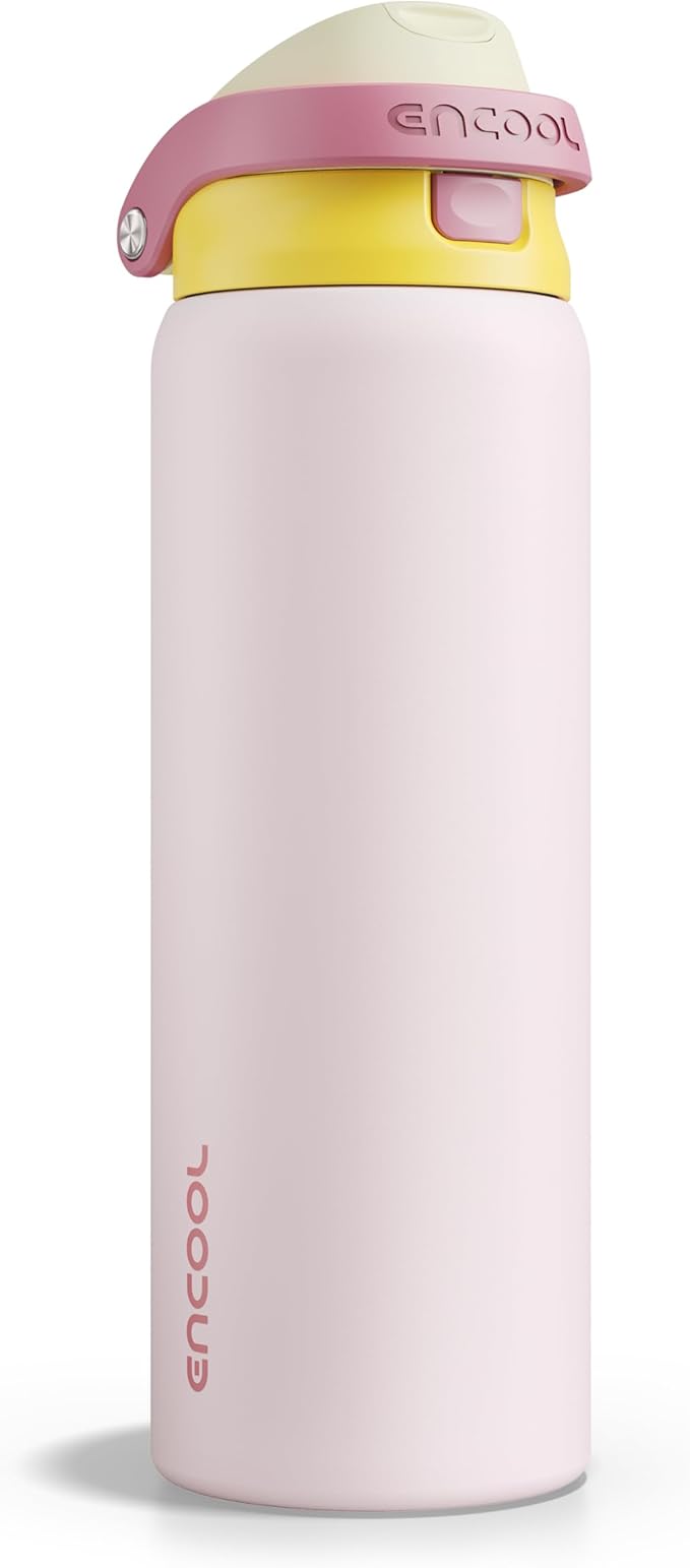 ENCOOL Leakproof Insulated Water Bottle with Straw Dual-Sip Water Bottle Bag-Safe Design for Work, Commute & Gym – Keeps Drinks Cold All Day, 32 oz, Blush Pink ENCOOL