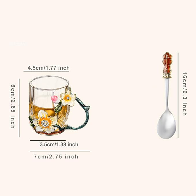 Enamel Crystal Lead-Free Glass Tea Cup, 4 Pack Vintage Tea Cups with Spoon Set 14oz/70ml Glass Coffee Mug, Valentines Gifts for Her Girlfriend Wife - Bloomnest