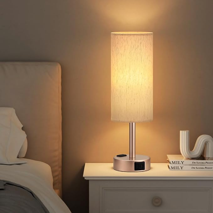 Fenmzee Bedside Table Lamp for Bedroom - 3 Way Dimmable Touch Lamp USB C Charging Ports and AC Outlet, Small Lamp Gold Base Round Flaxen Fabric Shade for Living Room, Desk, LED Bulb Included - Bloomnest