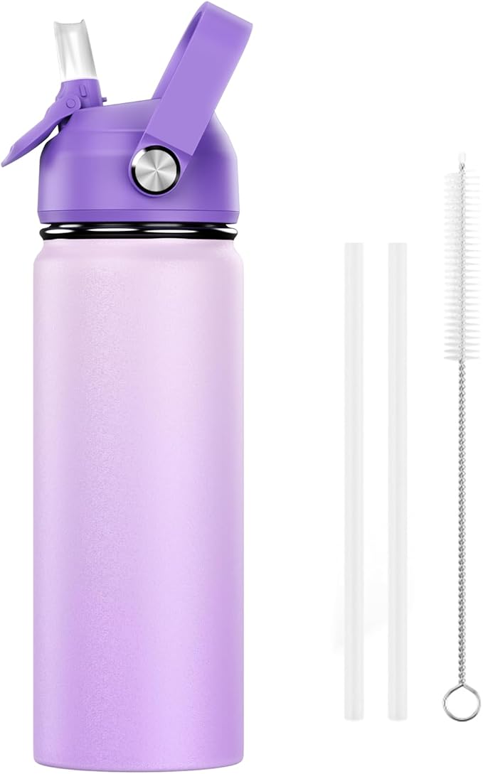 18oz Kids Insulated Water Bottle with Straw Lid - 18/8 Stainless Steel Kid Cup BPA-FREE Travel Tumbler Double Wall Vacuum Leak Proof Portable Toddler Water Bottle (Purple） - Bloomnest