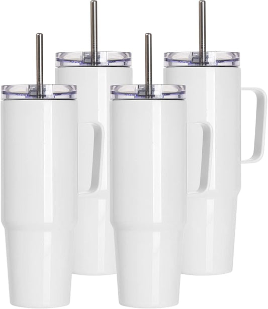 PYD Life 4 Pack Sublimation Tumblers with Handle Blanks 36 OZ White Coffee Mugs Insulated Reusable Travel Cups with Leakproof Lid and Stainless Straw for Tumbler Heat Press - Bloomnest