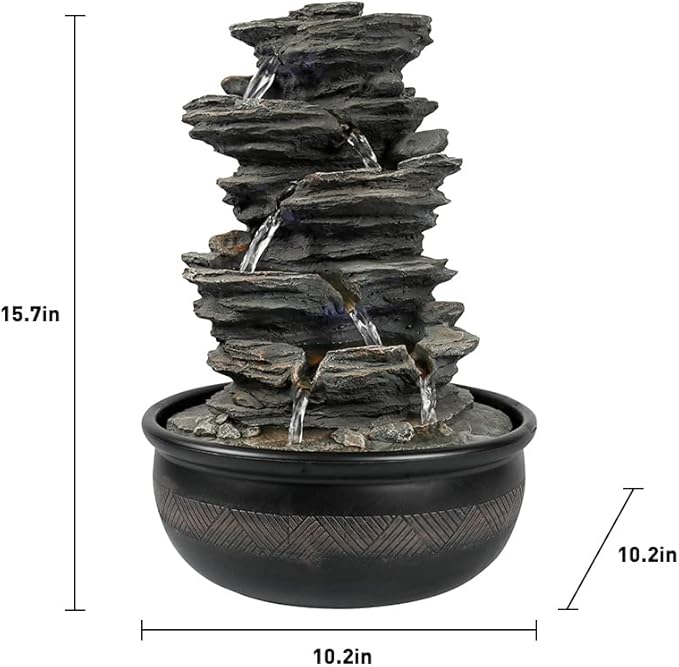 15.7” High Rock Falls Tabletop Water Fountain with LED Lights - 5-Tier Indoor Relaxation Waterfall Fountain, Small Cascading Water Feature for Home and Office Decor Gray-1