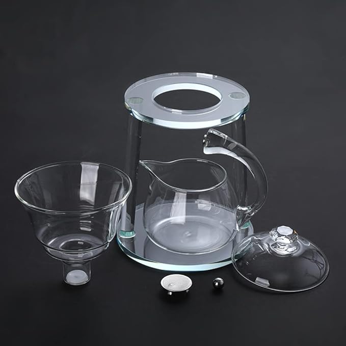 Mozeo Glass Semi-automatic Tea Set Wooden Glass Tea Set Water Diversion Rotating Cover Bowl Lazy Tea Maker Teapot Kungfu Fu teacup (Glass Clear Handle Teapot A) - Bloomnest