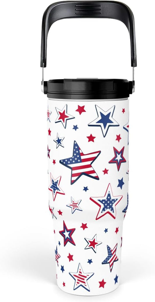 SANDJEST American Flag Star Tumbler with Handle 30oz, Stainless Steel Insulated Flip Straw Tumblers Coffee Travel Mug Cup, USA America Gifts for Women Girl for Birthday Christmas