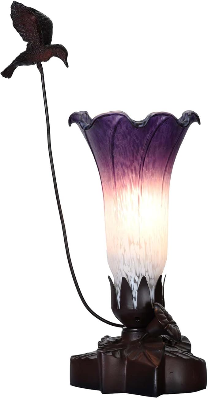 Bieye LL102 Hummingbird Flying Over Lily Flower Blown Glass Table Lamp for Home Decor (White Indigo, 4.25Wx12H)